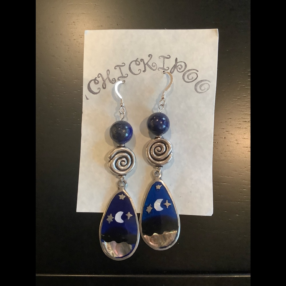 Chickipoo Lapis, Abalone and Sterling night landscape earrings 3” long